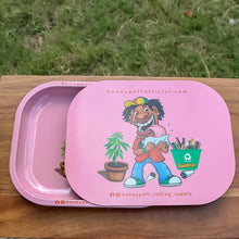 Load image into Gallery viewer, HONEYPUFF Green Tinplate Metal Rolling Tray, Soft Magnetic Lid Cigarette Rolling Tray, Smooth Rounded Edge Rolling Paper Tray, 7” x 5.5” Small Size Portable Rolling Trays