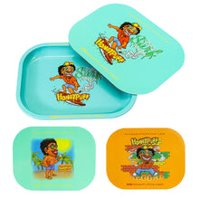 Load image into Gallery viewer, HONEYPUFF Green Tinplate Metal Rolling Tray, Soft Magnetic Lid Cigarette Rolling Tray, Smooth Rounded Edge Rolling Paper Tray, 7” x 5.5” Small Size Portable Rolling Trays