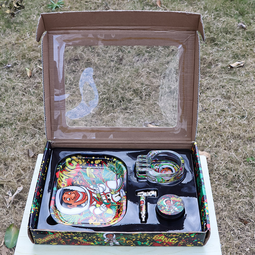 HONEYPUFF Rolling Tray Kit, 7” x 5.5 “ Size Metal Tolling Tray, 4 Lay Zinc Alloy Herb Grinder, Skull Shape Glass Ashtray, Glass Tobacco Pipe With Metal Bowl