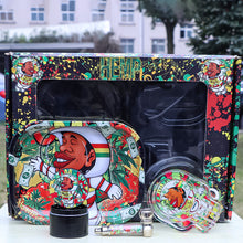 Load image into Gallery viewer, HONEYPUFF Rolling Tray Kit, 7” x 5.5 “ Size Metal Tolling Tray, 4 Lay Zinc Alloy Herb Grinder, Skull Shape Glass Ashtray, Glass Tobacco Pipe With Metal Bowl