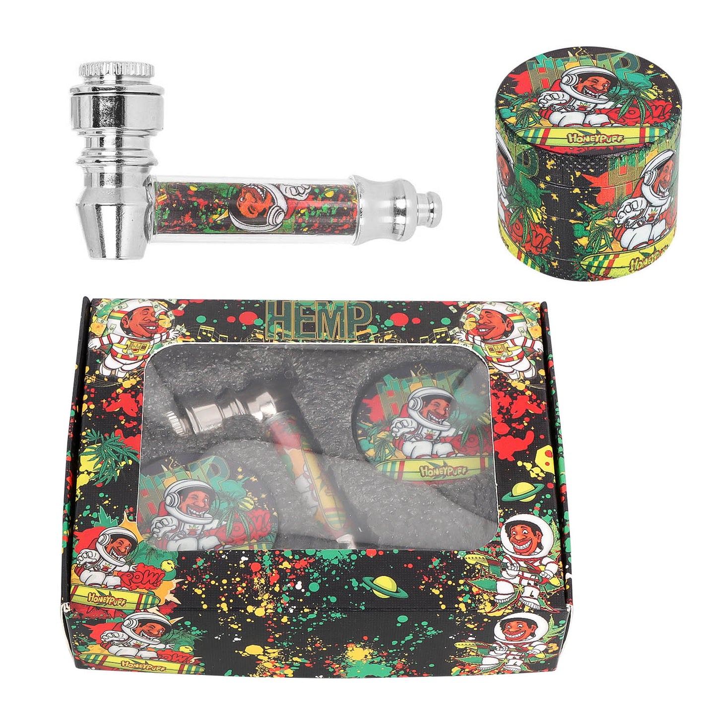HONEPUFF Herb Grinder Kit, Glass Smoking Pipe With Metal Blow & 4 Lay Tobacco Grinder