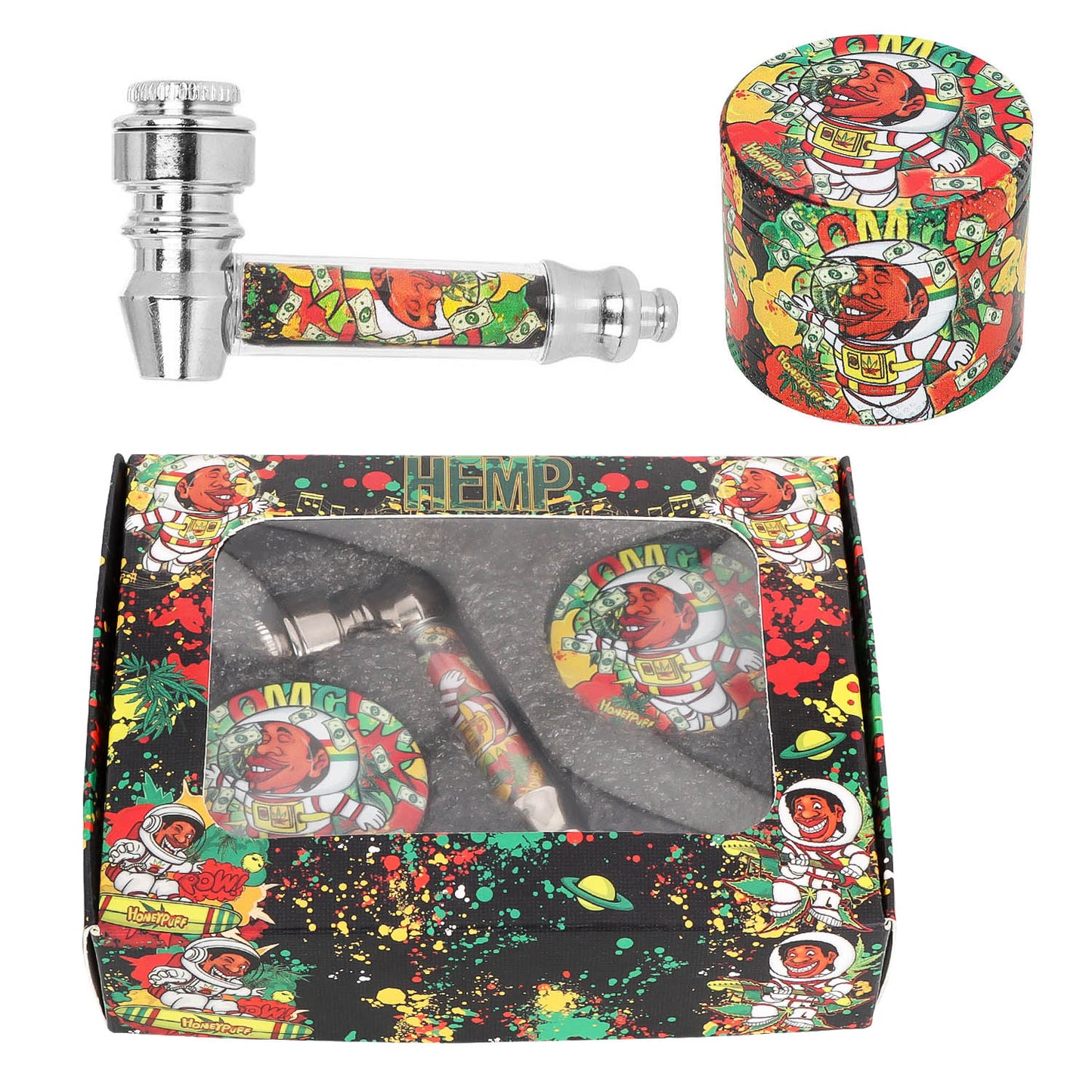 HONEPUFF Herb Grinder Kit, Glass Smoking Pipe With Metal Blow, 4 Lay Zinc Alloy Tobacco Grinder