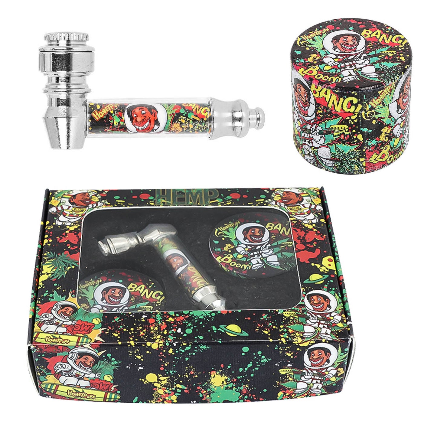 HONEPUFF Herb Grinder Kit, Glass Smoking Pipe With Metal Blow, 4 Lay Zinc Alloy Tobacco Grinder