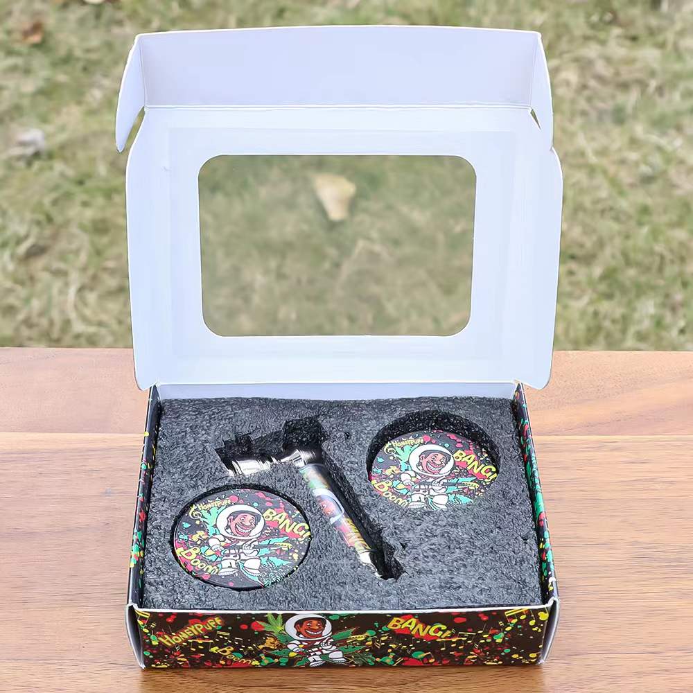 HONEPUFF Herb Grinder Kit, Glass Smoking Pipe With Metal Blow & 4 Lay Tobacco Grinder