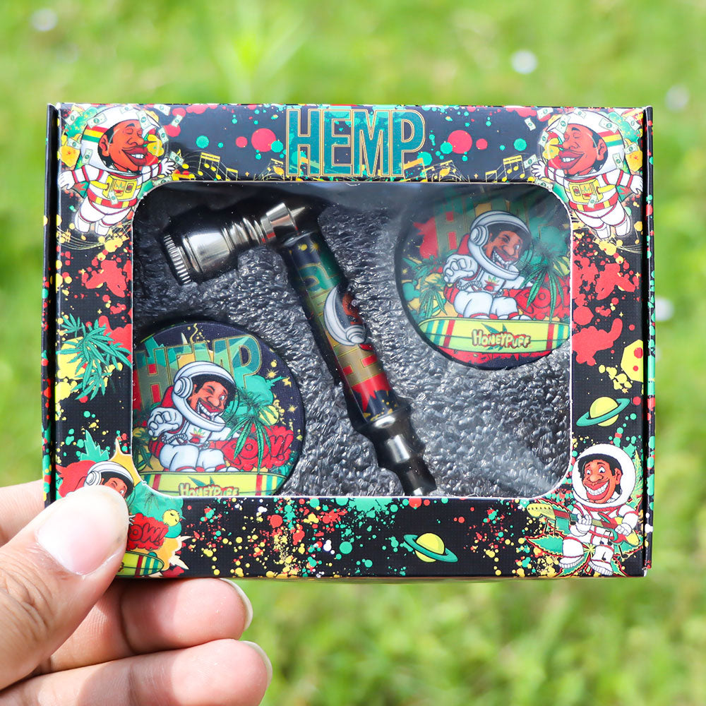 HONEPUFF Herb Grinder Kit, Glass Smoking Pipe With Metal Blow, 4 Lay Zinc Alloy Tobacco Grinder