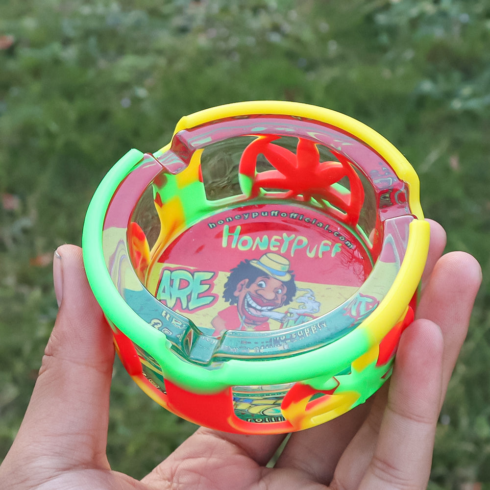 HONEYPUFF Glass Ashtray & Anti Collision Silicone Sleeve, Outdoor Cigarette Ashtray and Easy Clean, Cigarette Holder, 6 PCS