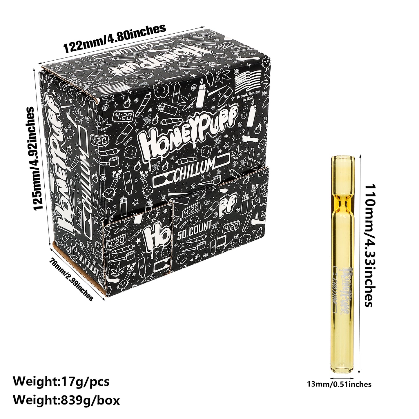 HONEYPUFF Yellow Glass One Hitter, 13 x 110 Size Smoking Pipe , Easy Clean Tobacco Pipes, 50 PCS