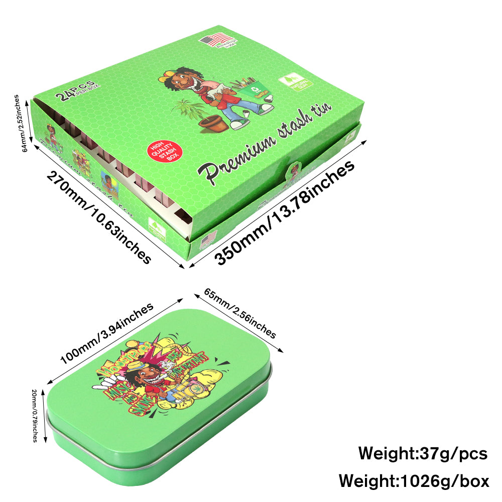 HONEYPUFF Tinplate Tobacco Storage Box, Three Color ( Blue, Green, Pink ) Metal Tin, 100 x 65 x 20 mm Size Portable Storage Box, 24 PCS / Box