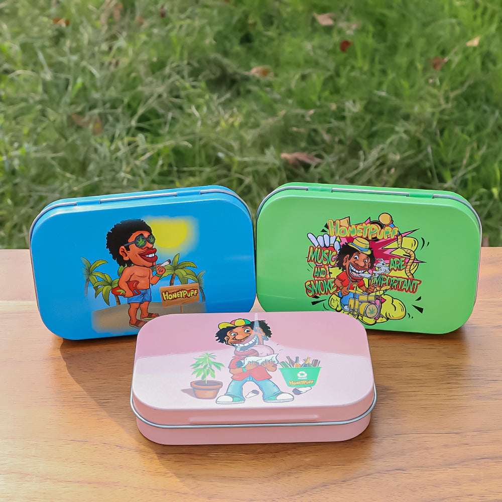 HONEYPUFF Tinplate Tobacco Storage Box, Three Color ( Blue, Green, Pink ) Metal Tin, 100 x 65 x 20 mm Size Portable Storage Box, 24 PCS / Box