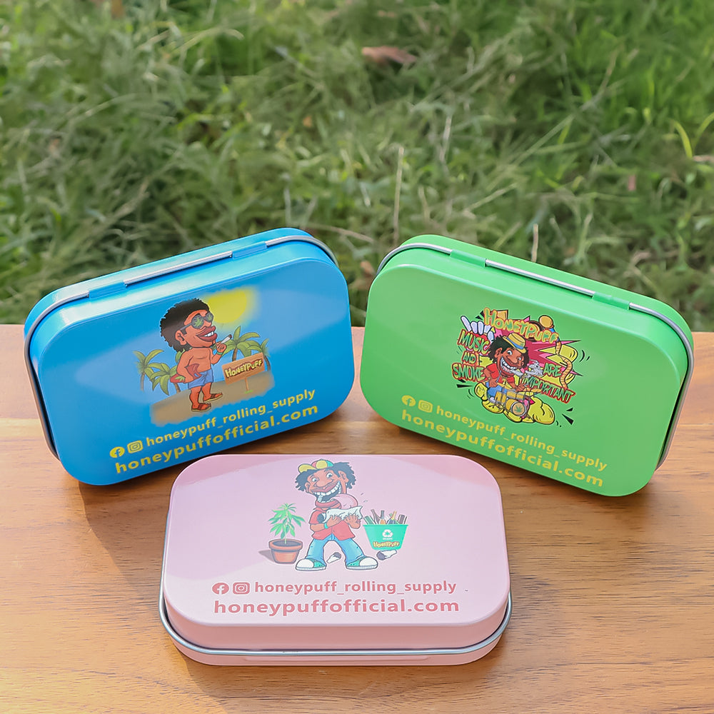 HONEYPUFF Tinplate Tobacco Storage Box, Three Color ( Blue, Green, Pink ) Metal Tin, 100 x 65 x 20 mm Size Portable Storage Box, 24 PCS / Box