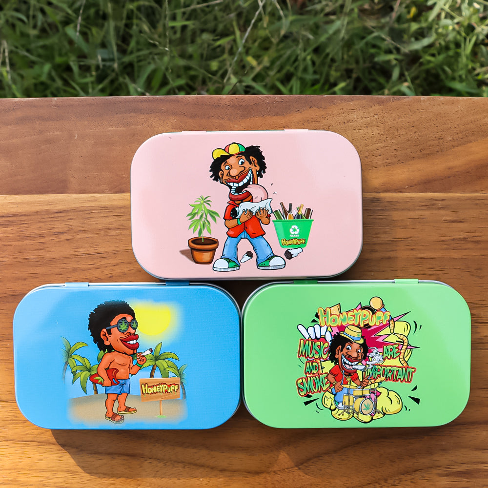 HONEYPUFF Tinplate Tobacco Storage Box, Three Color ( Blue, Green, Pink ) Metal Tin, 100 x 65 x 20 mm Size Portable Storage Box, 24 PCS / Box