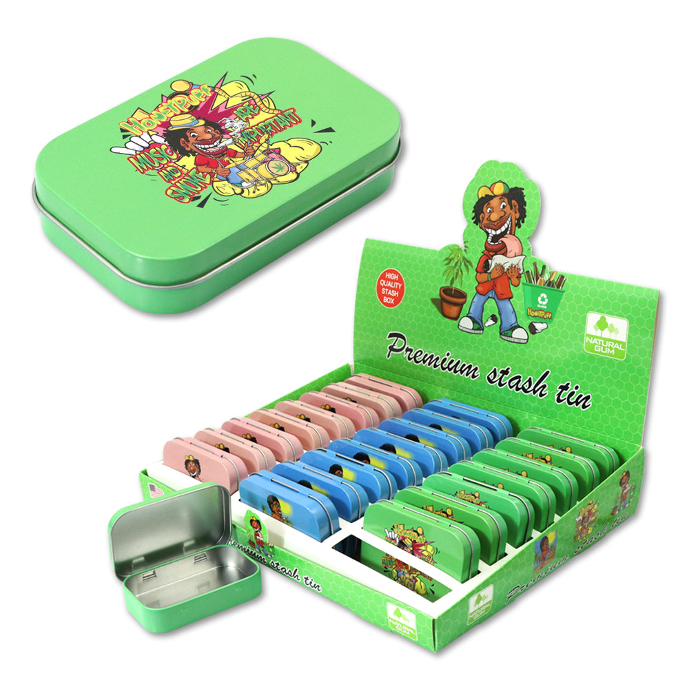 HONEYPUFF Tinplate Tobacco Storage Box, Three Color ( Blue, Green, Pink ) Metal Tin, 100 x 65 x 20 mm Size Portable Storage Box, 24 PCS / Box