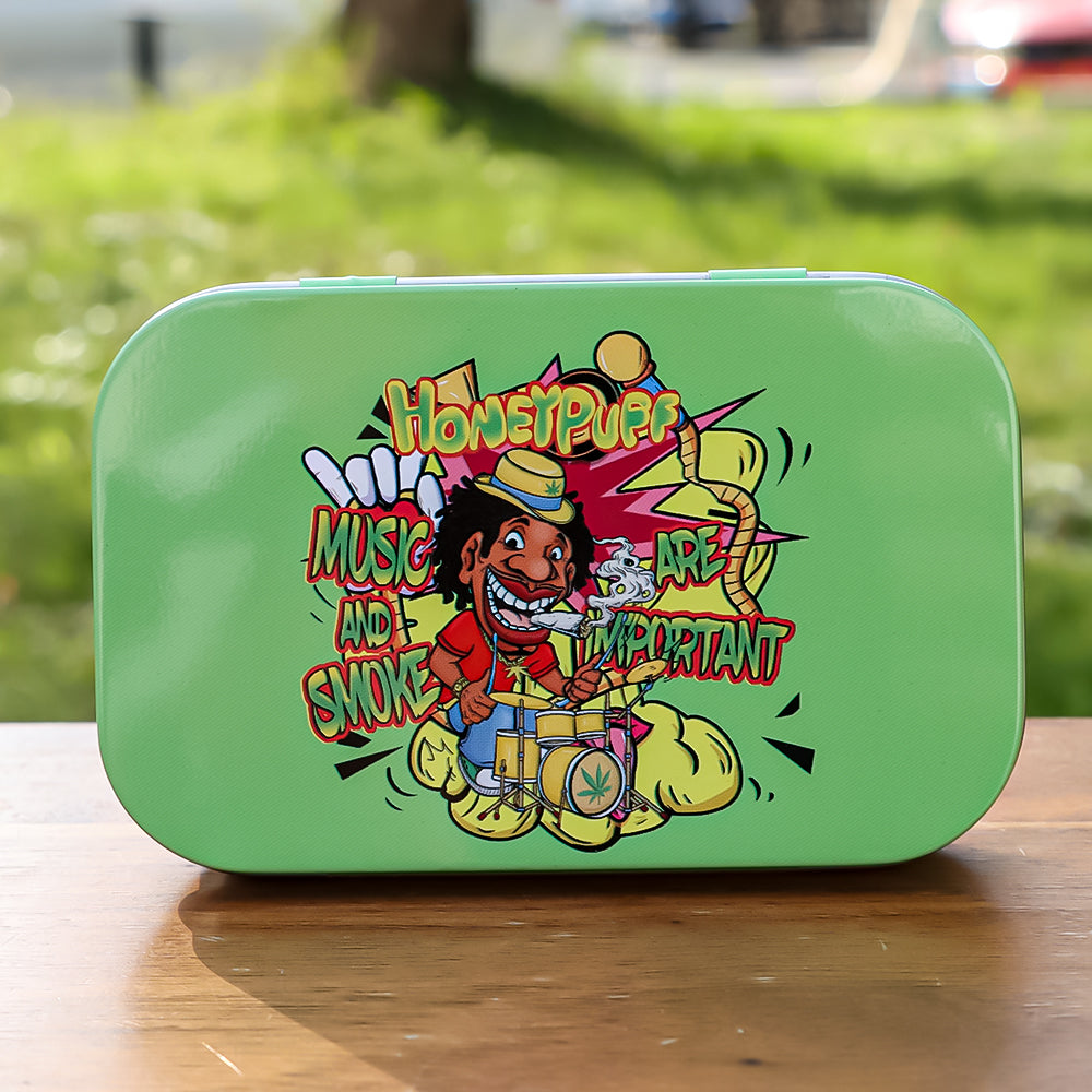 HONEYPUFF Tinplate Tobacco Storage Box, Three Color ( Blue, Green, Pink ) Metal Tin, 100 x 65 x 20 mm Size Portable Storage Box, 24 PCS / Box