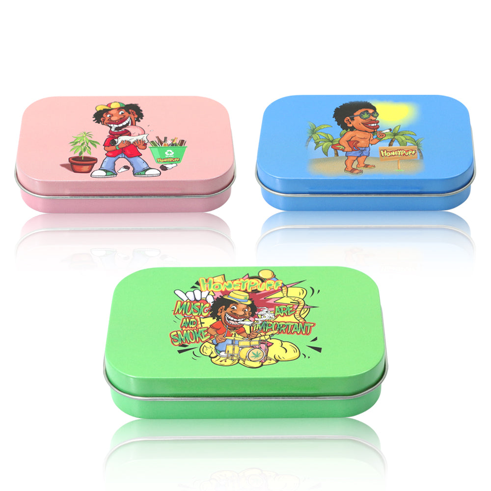 HONEYPUFF Tinplate Tobacco Storage Box, Three Color ( Blue, Green, Pink ) Metal Tin, 100 x 65 x 20 mm Size Portable Storage Box, 24 PCS / Box