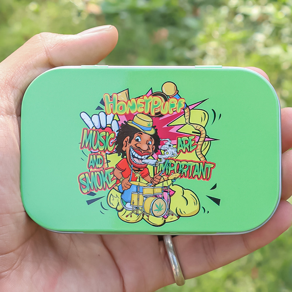 HONEYPUFF Tinplate Tobacco Storage Box, Three Color ( Blue, Green, Pink ) Metal Tin, 100 x 65 x 20 mm Size Portable Storage Box, 24 PCS / Box