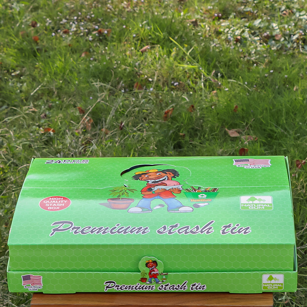 HONEYPUFF Tinplate Tobacco Storage Box, Three Color ( Blue, Green, Pink ) Metal Tin, 100 x 65 x 20 mm Size Portable Storage Box, 24 PCS / Box