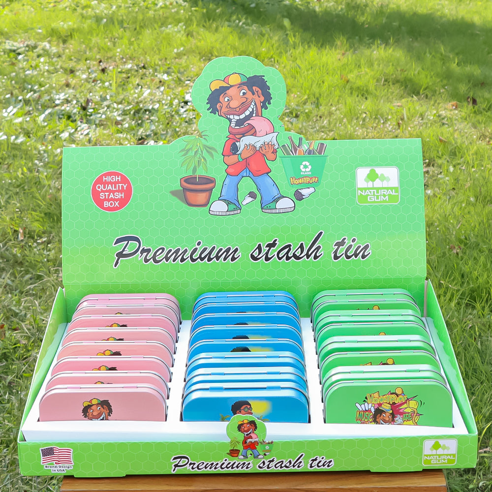 HONEYPUFF Tinplate Tobacco Storage Box, Three Color ( Blue, Green, Pink ) Metal Tin, 100 x 65 x 20 mm Size Portable Storage Box, 24 PCS / Box