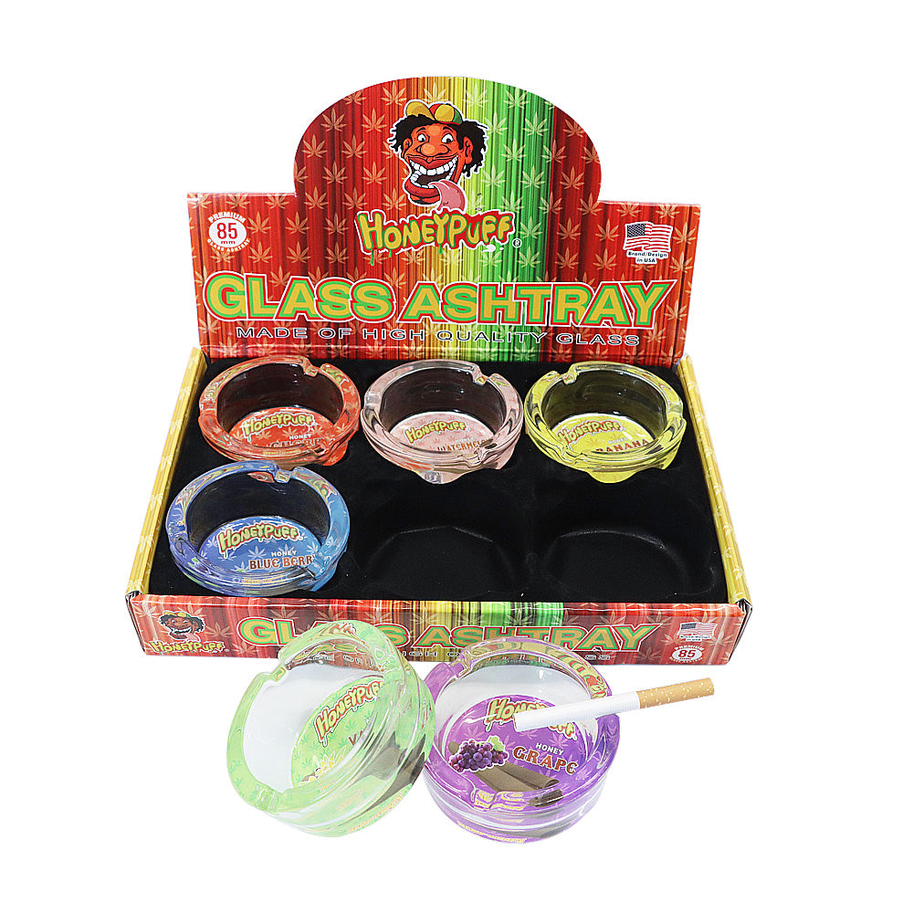 HONEYPUFF Decorative Clear Glass Ashtray, Portable Round Ash Trays, Tabletop Cigarette Ashtray with Cigarette Holder, Ø 66 mm High 35 mm Glass Ashtray, 6 PCS