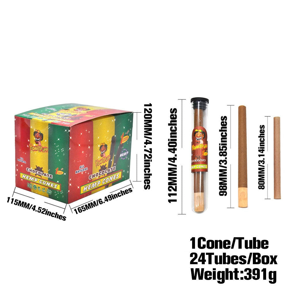 Cônes pré-roulés au chocolat Honeypuff 98 mm, cônes à rouler avec embouts en bois et porte-cigarette en verre, 1 tube, 24 tubes par boîte