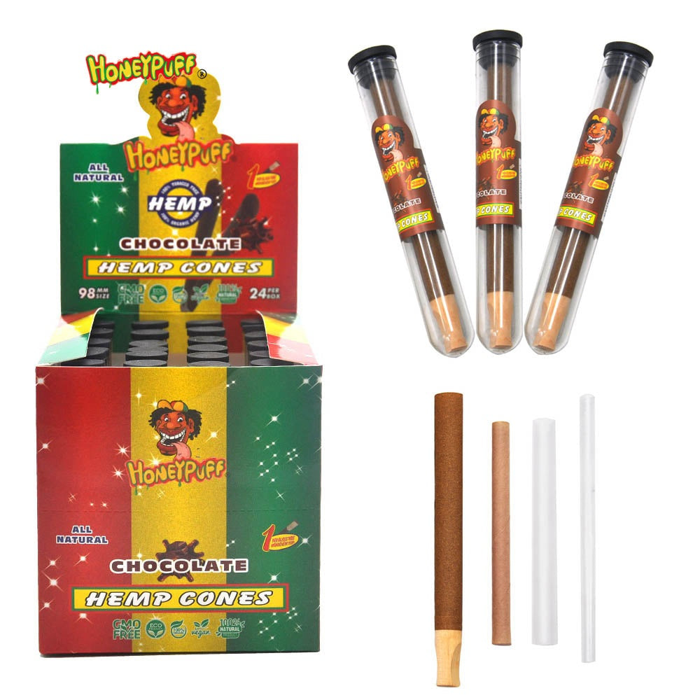 Cônes pré-roulés au chocolat Honeypuff 98 mm, cônes à rouler avec embouts en bois et porte-cigarette en verre, 1 tube, 24 tubes par boîte
