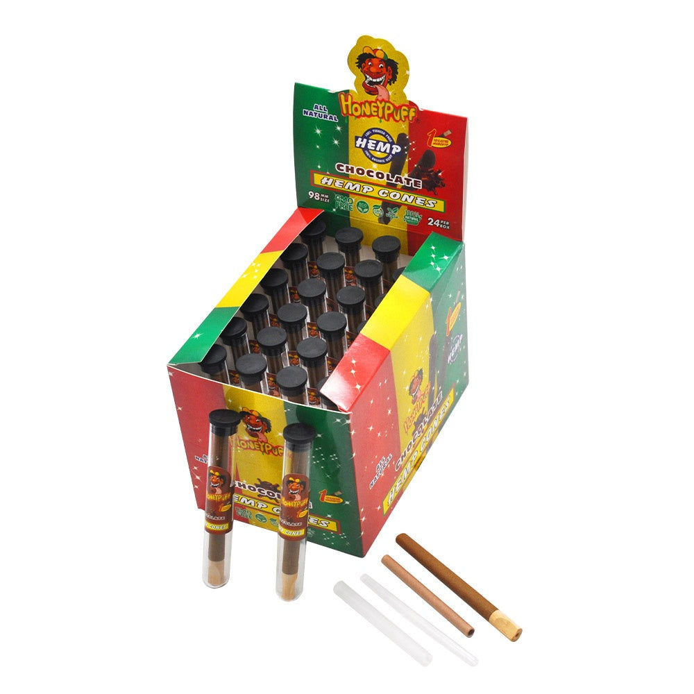 Cônes pré-roulés au chocolat Honeypuff 98 mm, cônes à rouler avec embouts en bois et porte-cigarette en verre, 1 tube, 24 tubes par boîte