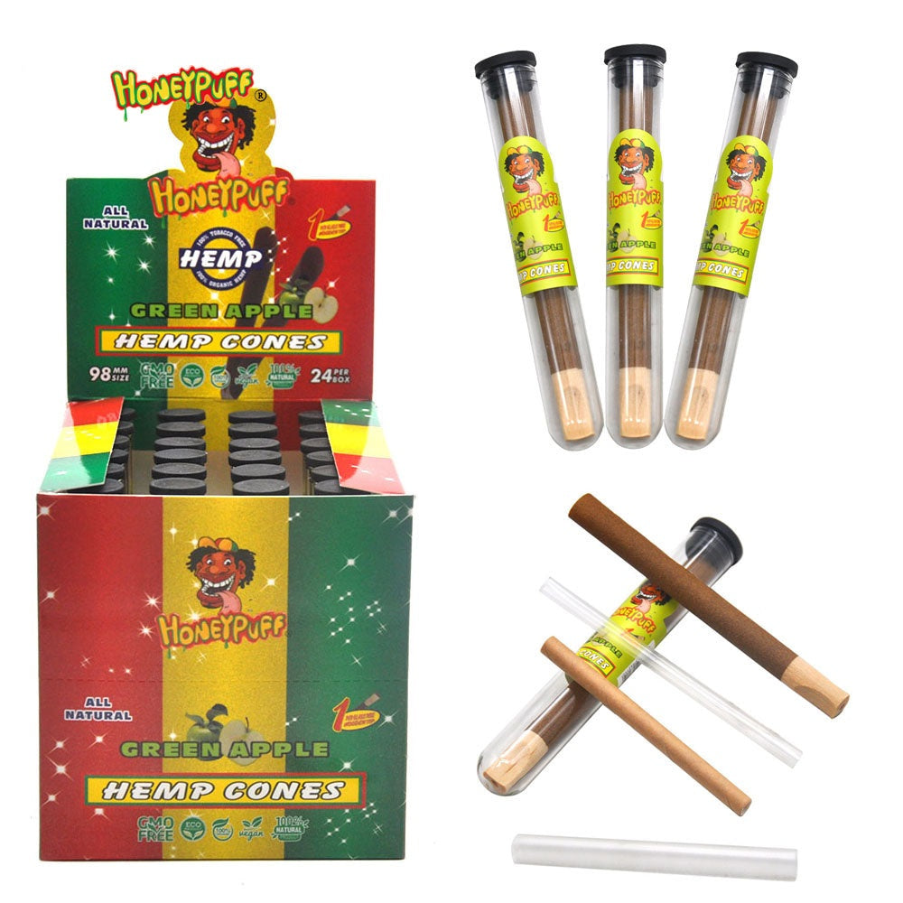 HONEYPUFF Green Apple Flavors Pre Rolled Cones with Wood Tips, King Size Rolling Paper & Glass Cigarette Holder, Slow Burning Rolling Cones, 1 PCS/ Tube 24 Tubes/Box