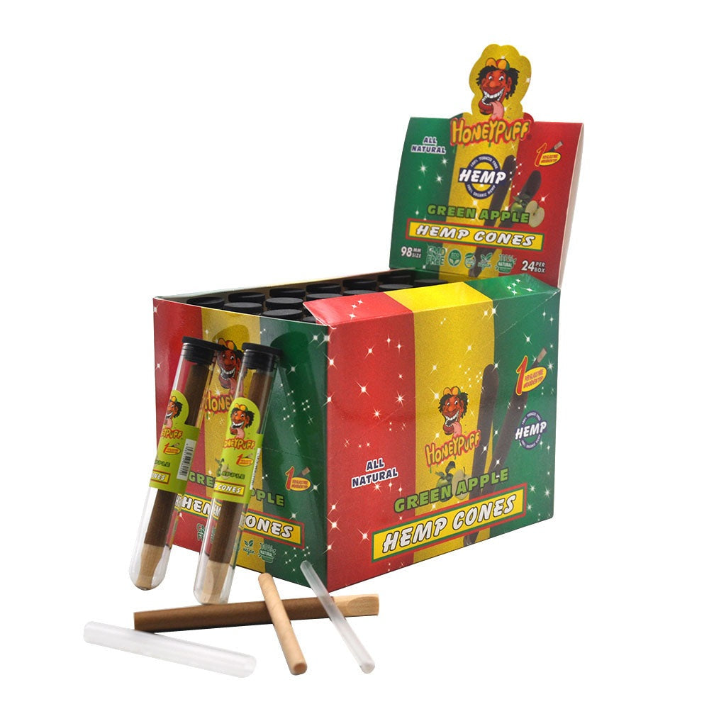 HONEYPUFF Green Apple Flavors Pre Rolled Cones with Wood Tips, King Size Rolling Paper & Glass Cigarette Holder, Slow Burning Rolling Cones, 1 PCS/ Tube 24 Tubes/Box