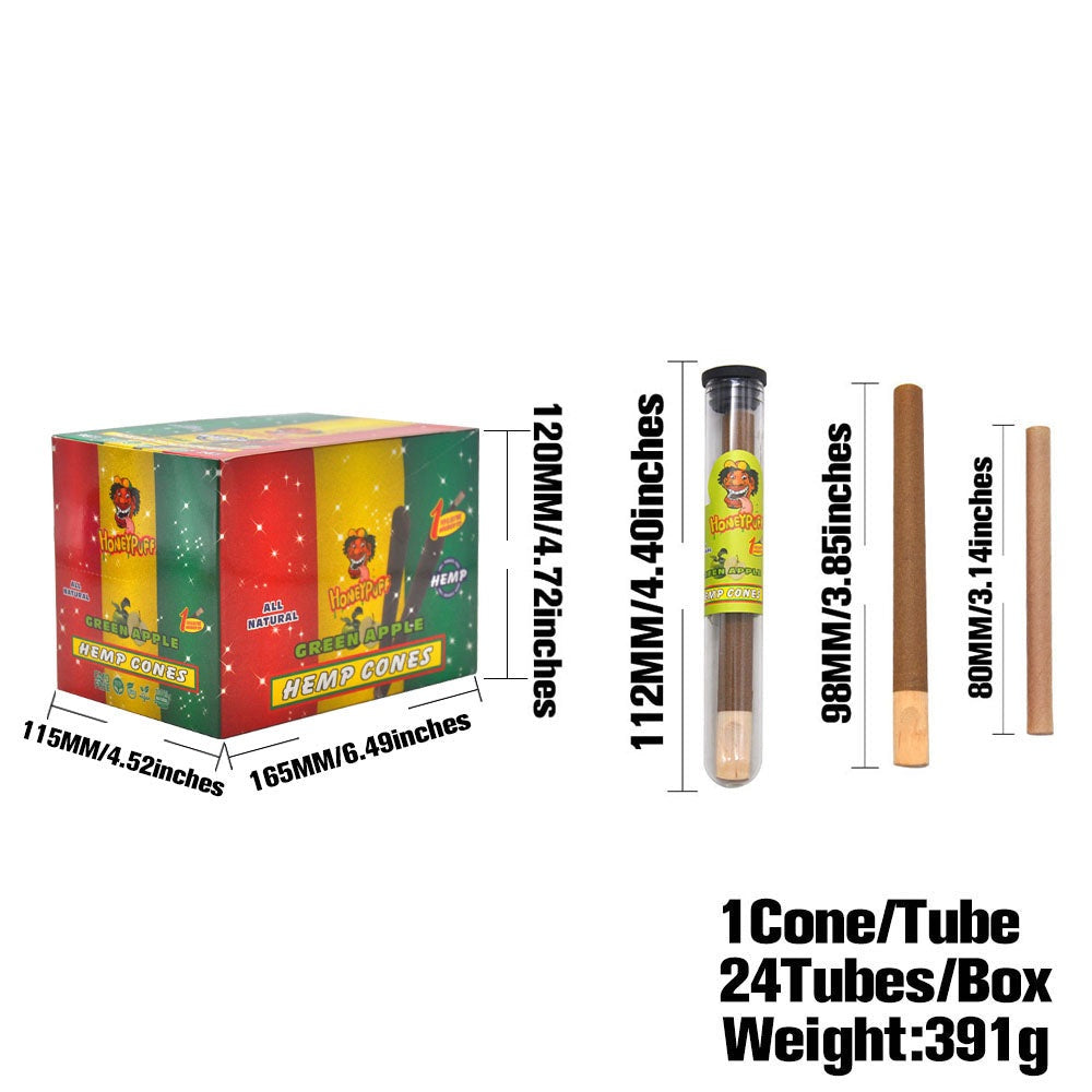 HONEYPUFF Green Apple Flavors Pre Rolled Cones with Wood Tips, King Size Rolling Paper & Glass Cigarette Holder, Slow Burning Rolling Cones, 1 PCS/ Tube 24 Tubes/Box
