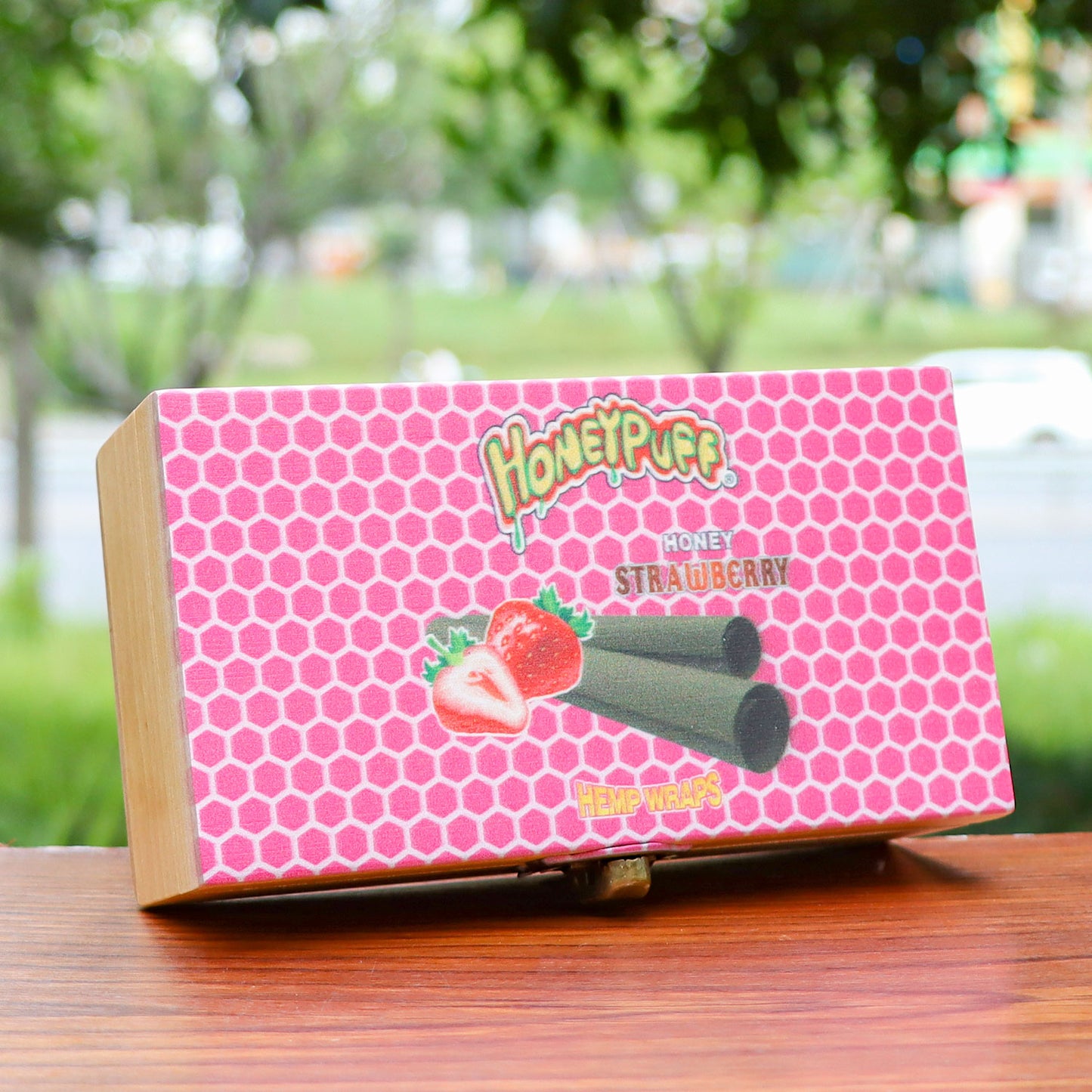 HONEYPUFF Handmade Tobacco Smoking Herb with Dark Pink Lid Cover, Lockable Wooden Box, 5.4” x 2.8” x 2.0” Size Storage Box