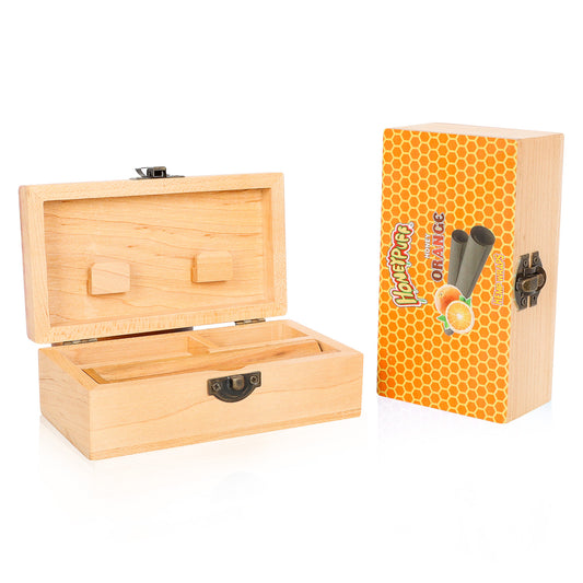 HONEYPUFF Handmade Tobacco Smoking Herb with Orange Lid Cover, Lockable Wooden Box, 5.4” x 2.8” x 2.0” Size Storage Box