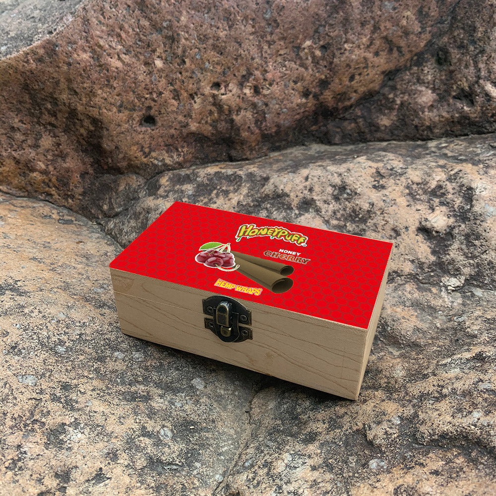 HONEYPUFF Handmade Tobacco Smoking Herb with Red Lid Cover, Lockable Wooden Box, 5.4” x 2.8” x 2.0” Size Storage Box