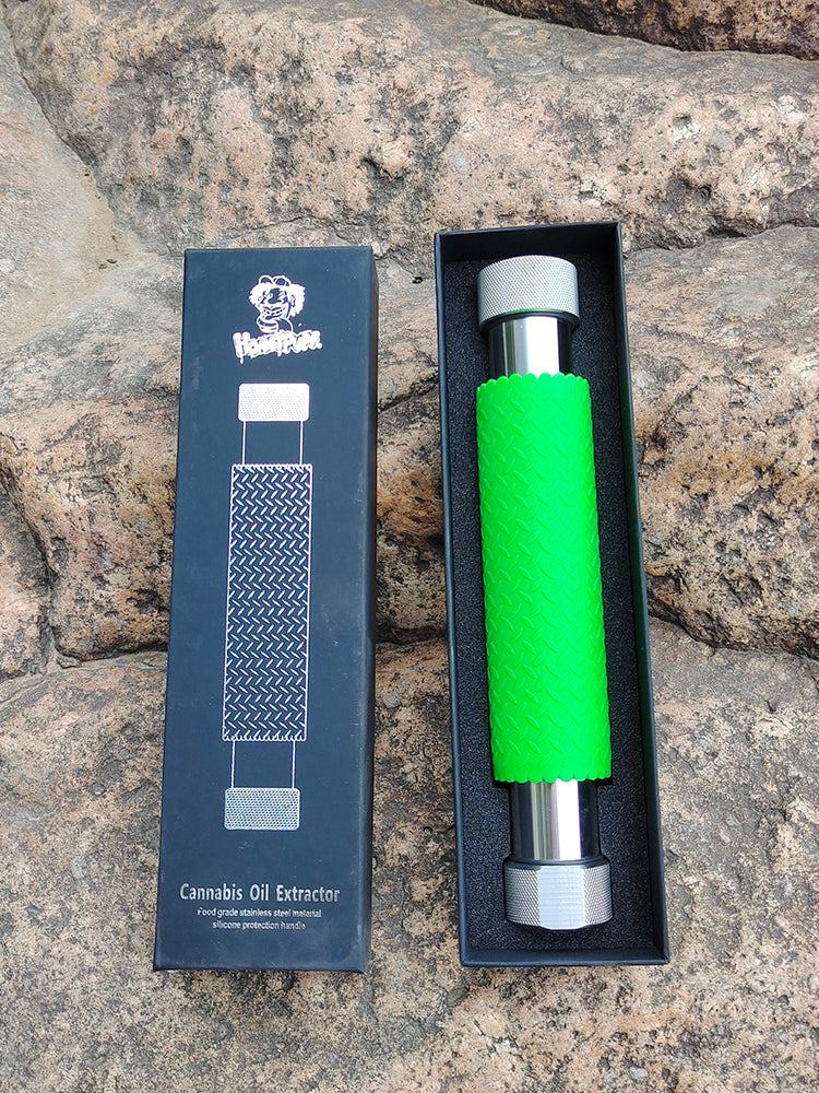 HONEYPUFF Stainless Steel Cannabis Oil Extractor; super easy to use and includes a heavy duty filter and silicone grip for ease of use.