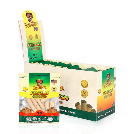 Filtres Honeypuff en feuilles de maïs, pré-roulés bio, Ø 9, 10 filtres par paquet, 24 par boîte