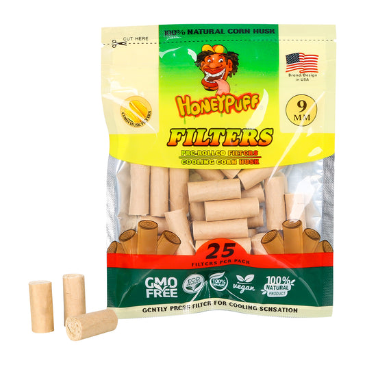 Filtres Honeypuff en feuilles de maïs, pré-roulés bio, Ø 9, 25 filtres par paquet, 24 par boîte