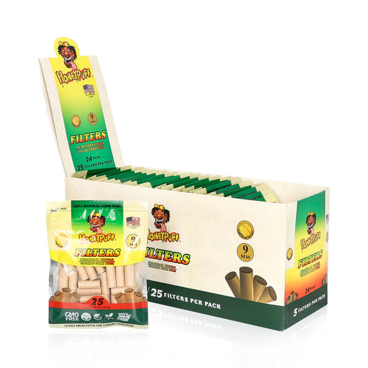 Filtres Honeypuff en feuilles de maïs, pré-roulés bio, Ø 9, 25 filtres par paquet, 24 par boîte