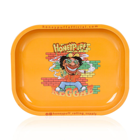 HONEYPUFF Orange Color Tinplate Metal Rolling Tray, 7” x 5.5” Size Portable Cigarette Rolling Paper Tray, Smooth Rounded Edge Rolling Paper Tray
