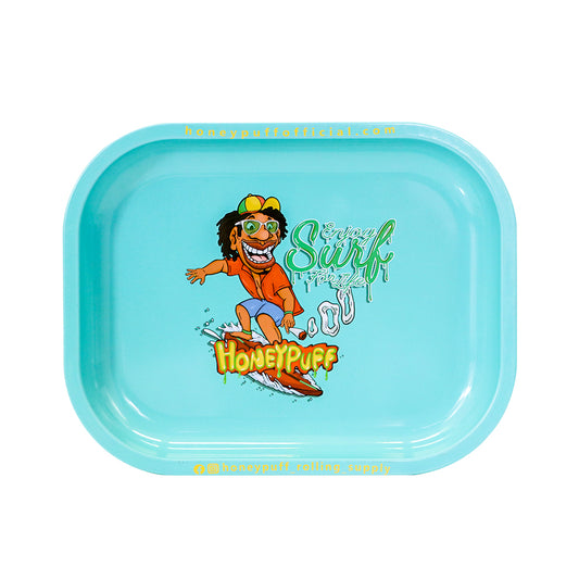 HONEYPUFF Blue Color Tinplate Metal Rolling Tray, 7” x 5.5” Size Portable Cigarette Rolling Paper Tray, Smooth Rounded Edge Rolling Paper Tray