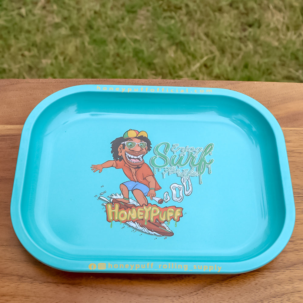 HONEYPUFF Blue Color Tinplate Metal Rolling Tray, 7” x 5.5” Size Portable Cigarette Rolling Paper Tray, Smooth Rounded Edge Rolling Paper Tray