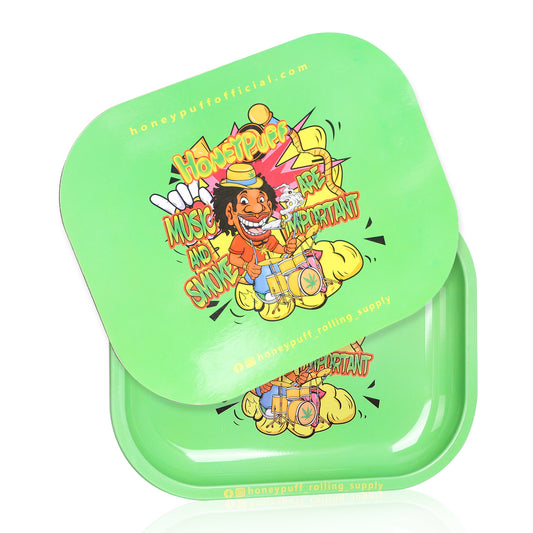HONEYPUFF Green Tinplate Metal Rolling Tray, Soft Magnetic Lid Cigarette Rolling Tray, Smooth Rounded Edge Rolling Paper Tray, 7” x 5.5” Small Size Portable Rolling Trays