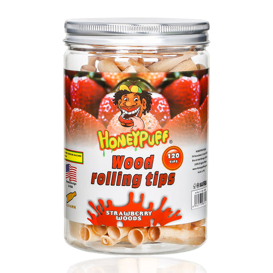 HONEYPUFF Strawberry Flavored Wood Rolling Filter Tips, 40 mm Cigarette Holder, 120 Tips / Jar