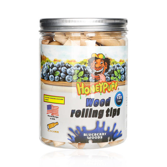 HONEYPUFF Blueberry Flavored Wood Rolling Filter Tips, 34 mm Cigarette Holder, 120 Tips / Jar