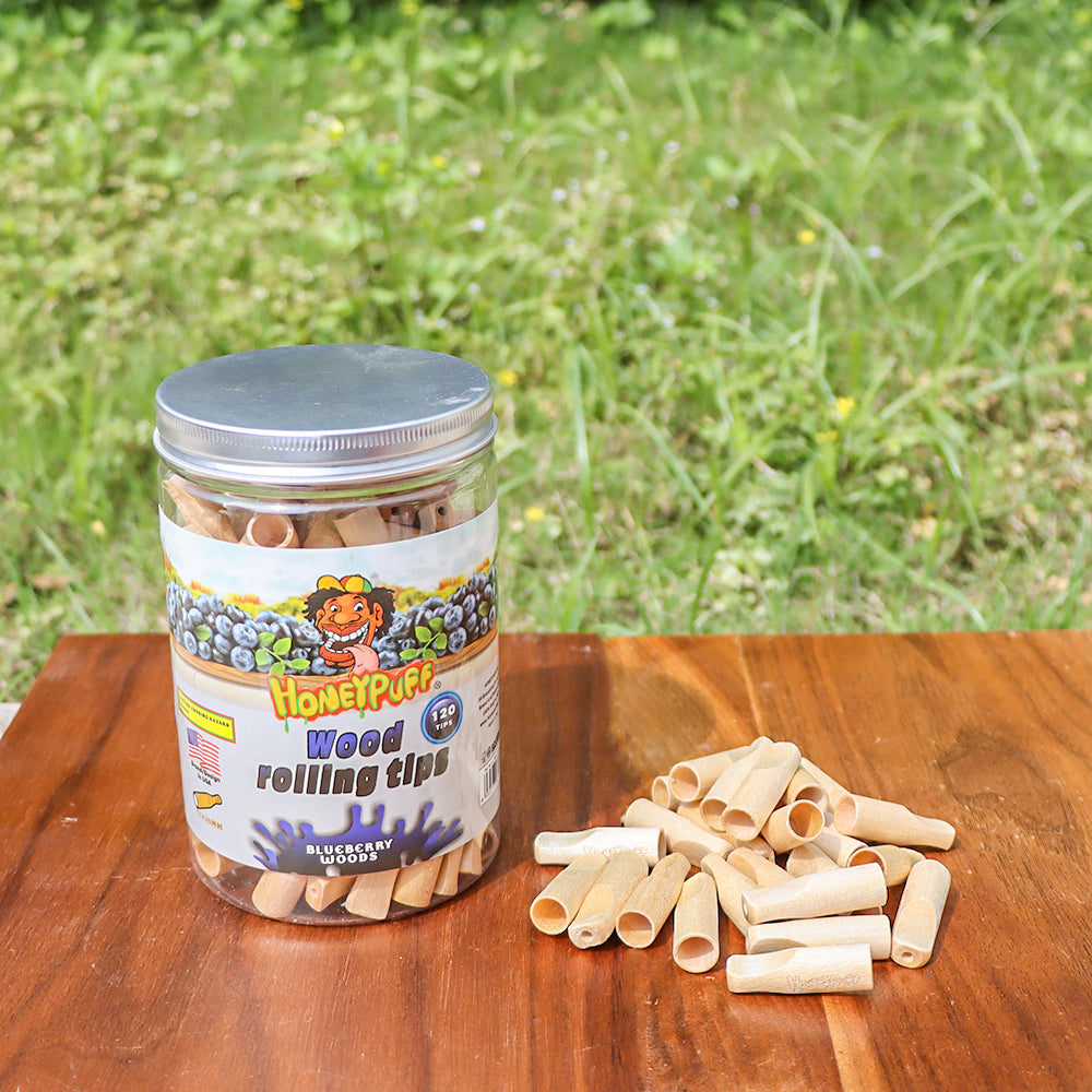 HONEYPUFF Blueberry Flavored Wood Rolling Filter Tips, 34 mm Cigarette Holder, 120 Tips / Jar