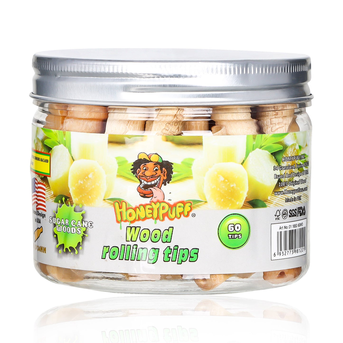 HONEYPUFF Sugarcane Flavored Wood Rolling Filter Tips, 34 mm Cigarette Holder, 60 Tips / Jar