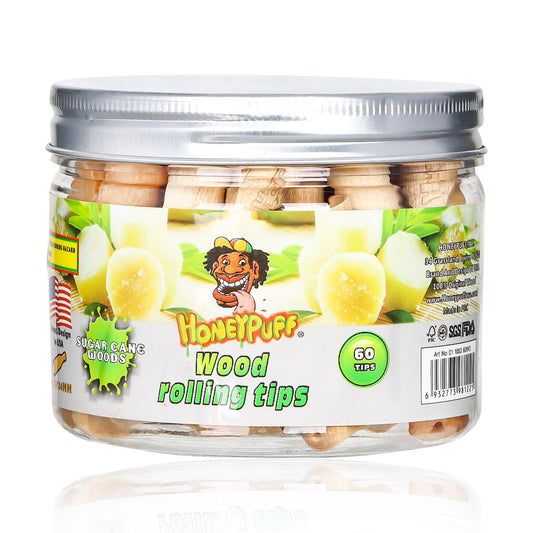 HONEYPUFF Sugarcane Flavored Wood Rolling Filter Tips, 34 mm Cigarette Holder, 60 Tips / Jar