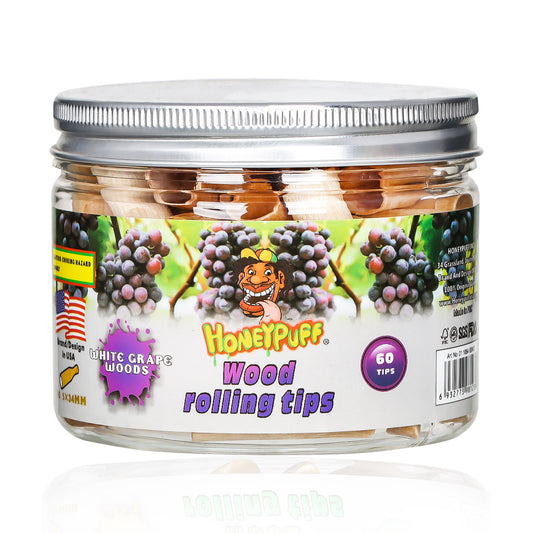 HONEYPUFF White Grape Flavored Wood Rolling Filter Tips, 34 mm Cigarette Holder, 60 Tips / Jar