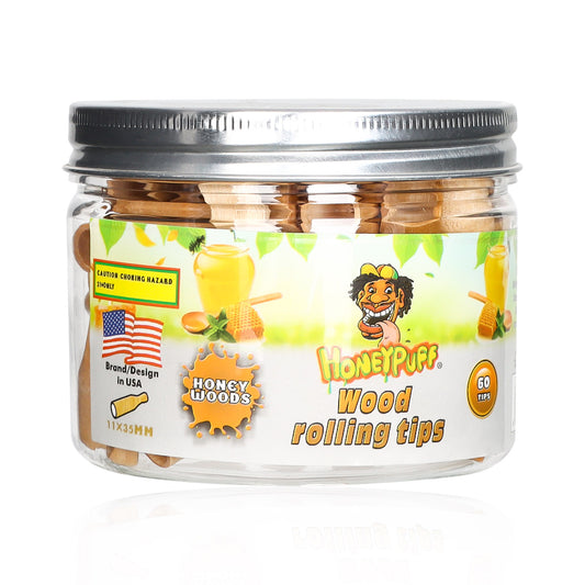 HONEYPUFF Honey Flavored Wood Rolling Filter Tips, 34 mm Cigarette Holder, 60 Tips / Jar