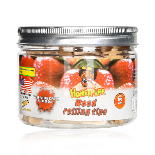 HONEYPUFF Strawberry Flavored Wood Rolling Filter Tips, 34 mm Cigarette Holder, 60 Tips / Jar