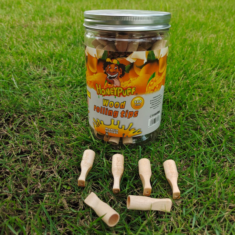 HONEYPUFF Mango Flavored Wood Rolling Filter Tips, 35 mm Cigarette Holder, 120 Tips / Jar