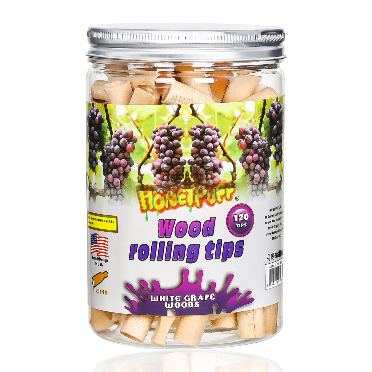HONEYPUFF Grape Flavored Wood Rolling Filter Tips, 35 mm Cigarette Holder, 120 Tips / Jar