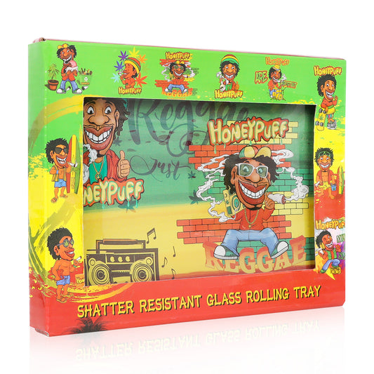 HONEYPUFF Glass Rolling Tray, Shatter Resistant Cigarette Rolling Tray, Rasta Style Rolling Paper Tray, 6.3” x 4.7” Size Cigarette Rolling Tray